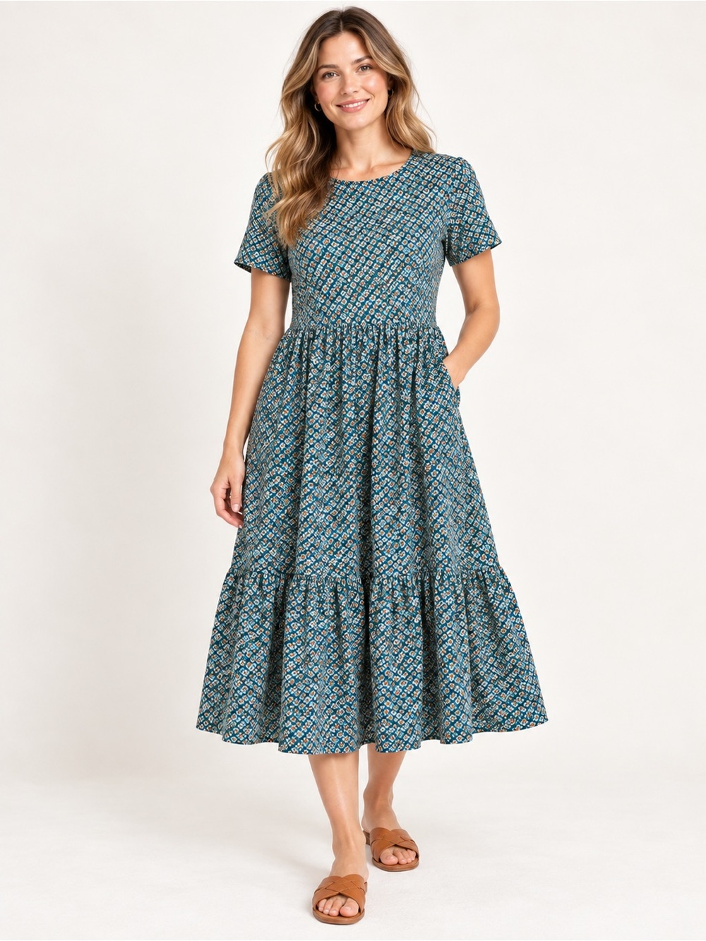 Boden Green Ditsy Floral Tiered Midi Dress Size 4